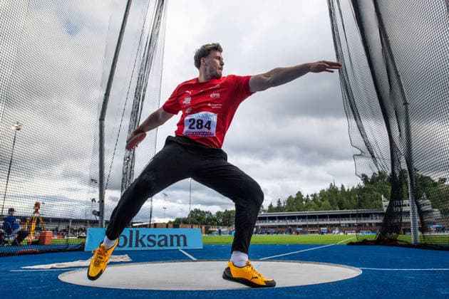 260614 Steven Richter, Tyskland, tävlar i herrarnas diskus under friidrottstävlingen Folksam Grand Prix den 14 juni 2026 i Stockholm.