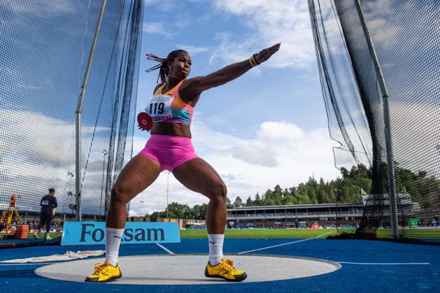 260614 Silinda Morales, Kuba, tävlar i damernas diskus under friidrottstävlingen Folksam Grand Prix den 14 juni 2026 i Stockholm.