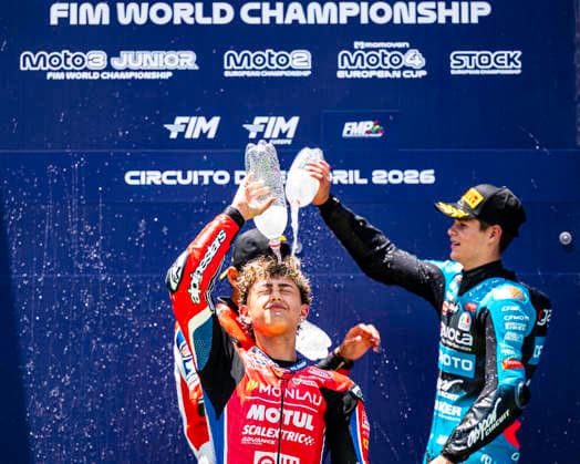 June 14, 2026, Cascais, Lisbon, Portugal: Riders celebrate on the podium during the FIM Moto3 Junior World Championship, WM, Weltmeisterschaft Race at Circuito Estoril on june 14, 2026 in Estoril,Cascais Portugal. Cascais Portugal - ZUMAr200 20260614_zsp_r200_061 Copyright: xNunoxReisinhox