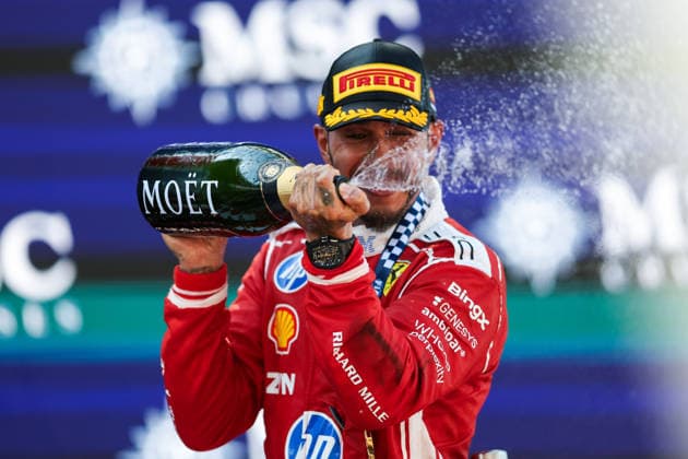 F1 - BARCELONA-CATALUNYA GRAND PRIX 2026 HAMILTON Lewis (gbr), Scuderia Ferrari SF-26, portrait podium celebration during the Formula 1 Barcelona-Catalunya Grand Prix 2026, 7th round of the 2026 Formula One World Championship, WM, Weltmeisterschaft from June 12 to 14, 2026 on the Circuit de Barcelona-Catalunya, in Montmelo, Spain - MontmeloSpain  Copyright: xEricxAlonsox