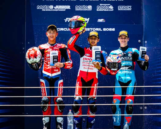 June 14, 2026, Cascais, Lisbon, Portugal: Riders celebrate on the podium during the FIM Moto3 Junior World Championship, WM, Weltmeisterschaft Race at Circuito Estoril on june 14, 2026 in Estoril,Cascais Portugal. Cascais Portugal - ZUMAr200 20260614_zsp_r200_063 Copyright: xNunoxReisinhox