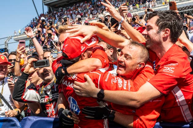 June 14, 2026, Garnolles, Spain: LEWIS HAMILTON (GBR) of Scuderia Ferrari 44 celebrates with his team after winning his first victory with Ferrari at the 2026 Formula One Barcelona-Catalunya Grand Prix. Garnolles Spain - ZUMAb177 20260614_aap_b177_008 Copyright: xTaidghxBarronx