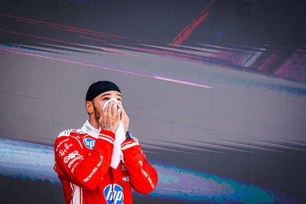 RECORD DATE NOT STATED 14th June 2026: Circuit de Barcelona-Catalunya, Barcelona, Spain; Formula One Barcelona Catalunya Grand Prix, Race Day; podium ceremony, Lewis HAMILTON, of Scuderia Ferrari celebrates his victory PabloxGuillen
