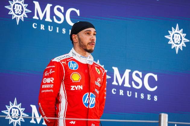 RECORD DATE NOT STATED 14th June 2026: Circuit de Barcelona-Catalunya, Barcelona, Spain; Formula One Barcelona Catalunya Grand Prix, Race Day; podium ceremony, Lewis HAMILTON, of Scuderia Ferrari celebrates his victory PabloxGuillen