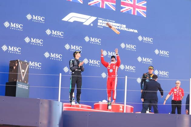 F1 Gran Prix of Spain Lewis Hamilton of Scuderia Ferrari HP celebrates on the podium during the F1 Grand Prix of Catalunya at Montemelo Circuit on June 14, 2026 in Barcelona, Spain. . Barcelona Circuit de Catalunya Spain Copyright: xMarcoxCanonierox