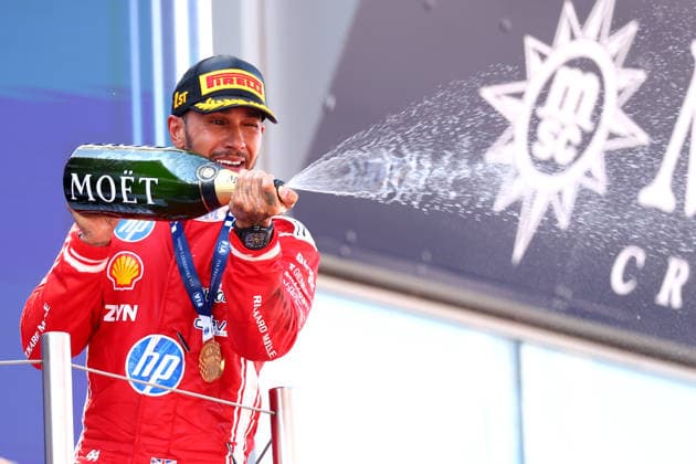F1 Gran Prix of Spain Lewis Hamilton of Scuderia Ferrari HP celebrates on the podium during the F1 Grand Prix of Catalunya at Montemelo Circuit on June 14, 2026 in Barcelona, Spain. . Barcelona Circuit de Catalunya Spain Copyright: xMarcoxCanonierox