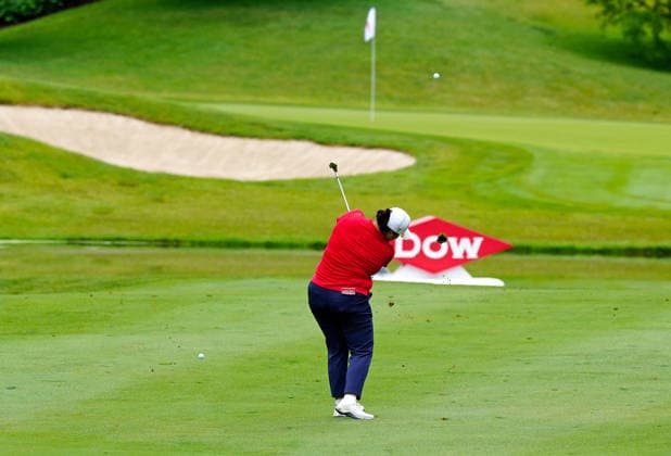 MIDLAND, MI - JUNE 14: LPGA, Golf Damen golfer Angel Yin plays her second shot on the 5th hole on June 14, 2026, during the final round of the LPGA Dow Championship at Midland Country Club in Midland, Michigan. (Photo by Brian Spurlock Icon Sportswire) GOLF: JUN 14 LPGA Dow Championship EDITORIAL USE ONLY Icon26061411