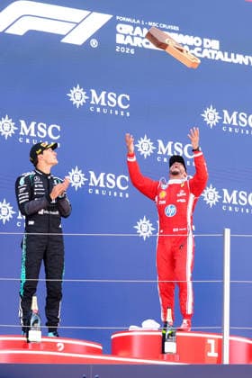 F1 Gran Prix of Catalunya Lewis Hamilton of Scuderia Ferrari HP celebrates on the podium during the F1 Grand Prix of Catalunya at Montemelo Circuit on June 14, 2026 in Barcelona, Spain. Barcelona Circuit de Catalunya Spain Copyright: xMarcoxCanonierox