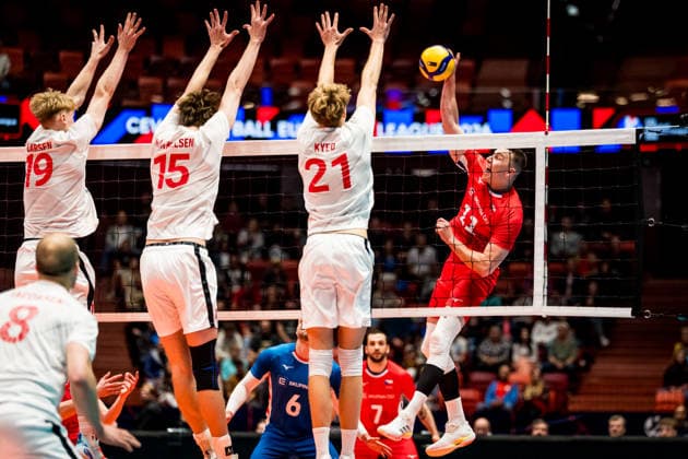 European Men s Volleyball League match Czechia vs Denmark in Jihlava, Czech Republic, June 14, 2026. From left Axel Valdemar Juul Larsen, Oskar Berg Mikkelsen, Mads Kyed Jensen - all of Denmark and Czech Lukas Vasina. (CTKxPhoto JaroslavxSvoboda) CTKPhotoP2026061405218  CTKPhotoP2026061405218