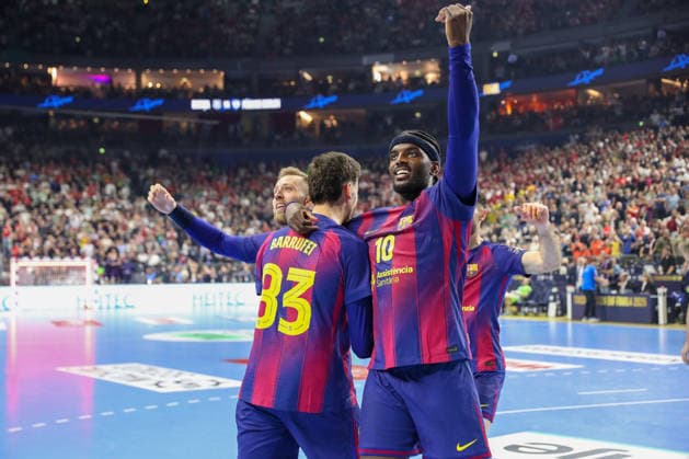 14.06.2026, xgox,Handball, EHF Champions League Finale, FC Barcelona, Barca - Fuechse Berlin v.l. Aleix Gomez (Barcelona, 20), Ian Barrufet (Barcelona, 83), Dika Mem (Barcelona, 10) Jubel ueber den Sieg, Jubel nach Spielende, gewinnt die Champions League Koeln
