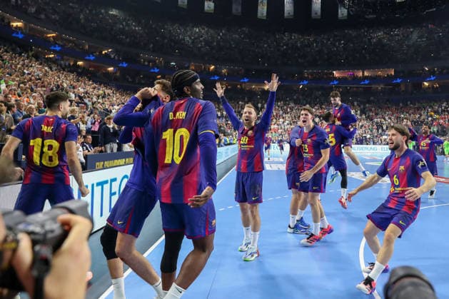 14.06.2026, xgox,Handball, EHF Champions League Finale, FC Barcelona, Barca - Fuechse Berlin v.l. Barcelona Jubel ueber den Sieg, Jubel nach Spielende, gewinnt die Champions League Koeln