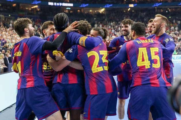14.06.2026, xgox,Handball, EHF Champions League Finale, FC Barcelona, Barca - Fuechse Berlin v.l. Barcelona Jubel ueber den Sieg, Jubel nach Spielende, gewinnt die Champions League Koeln