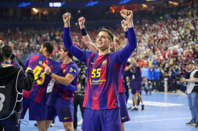14.06.2026, xgox,Handball, EHF Champions League Finale, FC Barcelona, Barca - Fuechse Berlin v.l. Domen Makuc (Barcelona, 35) Jubel ueber den Sieg, Jubel nach Spielende, gewinnt die Champions League Koeln