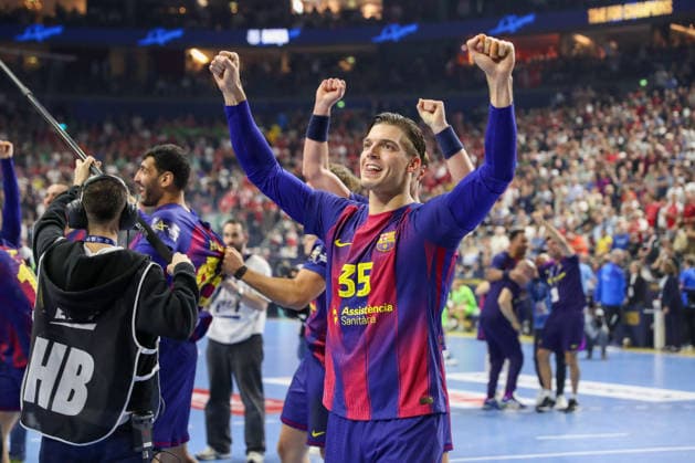 14.06.2026, xgox,Handball, EHF Champions League Finale, FC Barcelona, Barca - Fuechse Berlin v.l. Domen Makuc (Barcelona, 35) Jubel ueber den Sieg, Jubel nach Spielende, gewinnt die Champions League Koeln