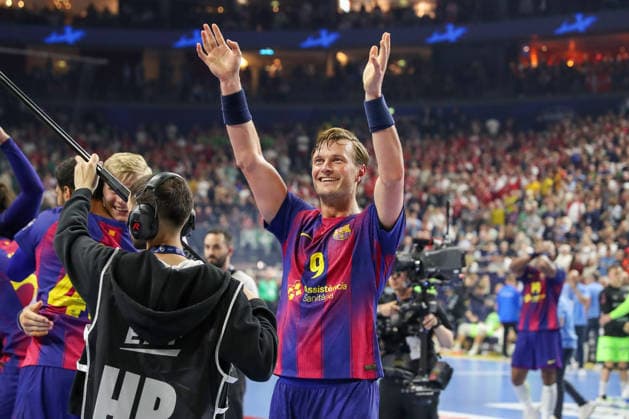 14.06.2026, xgox,Handball, EHF Champions League Finale, FC Barcelona, Barca - Fuechse Berlin v.l. Jonathan Carlsbogard (Barcelona, 9) Jubel ueber den Sieg, Jubel nach Spielende, gewinnt die Champions League Koeln