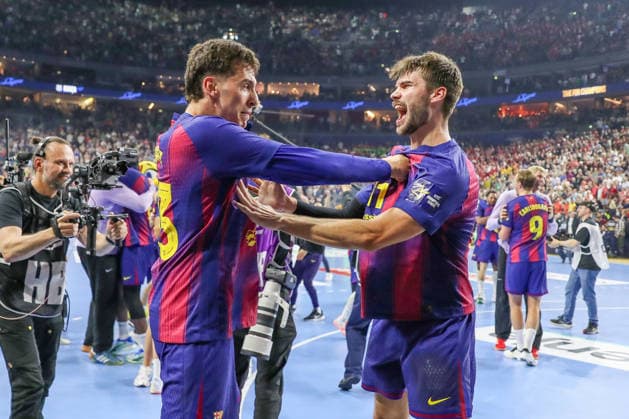 14.06.2026, xgox,Handball, EHF Champions League Finale, FC Barcelona, Barca - Fuechse Berlin v.l. Ian Barrufet (Barcelona, 83), Djordje Cikusa (Barcelona, 11) Jubel ueber den Sieg, Jubel nach Spielende Koeln