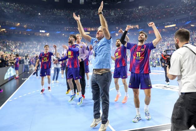 14.06.2026, xgox,Handball, EHF Champions League Finale, FC Barcelona, Barca - Fuechse Berlin v.l. btatr Jubel ueber den Sieg, Jubel nach Spielende Koeln