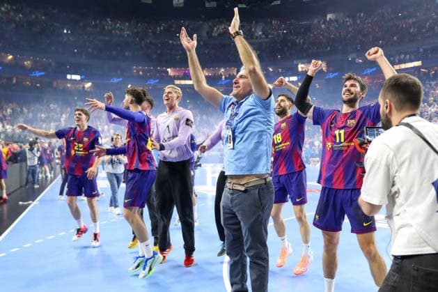 14.06.2026, xgox,Handball, EHF Champions League Finale, FC Barcelona, Barca - Fuechse Berlin v.l. btatr Jubel ueber den Sieg, Jubel nach Spielende Koeln