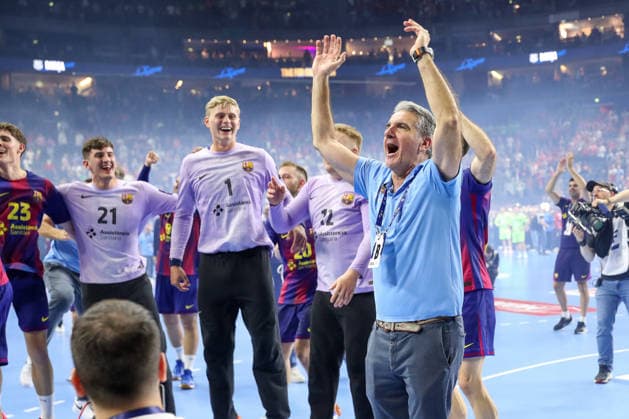 14.06.2026, xgox,Handball, EHF Champions League Finale, FC Barcelona, Barca - Fuechse Berlin v.l. btatr Jubel ueber den Sieg, Jubel nach Spielende Koeln