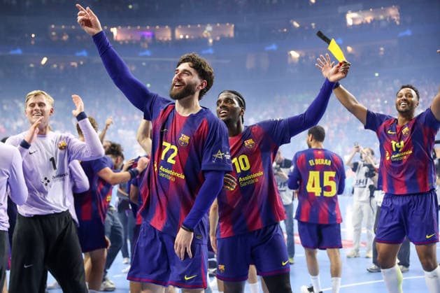 14.06.2026, xgox,Handball, EHF Champions League Finale, FC Barcelona, Barca - Fuechse Berlin v.l. Ludovic Fabregas (Barcelona, 72), Dika Mem (Barcelona, 10) Jubel ueber den Sieg, Jubel nach Spielende Koeln