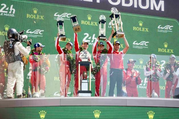 24 HEURES DU MANS 2026 - PODIUM 07 CONWAY Mike (gbr), KOBAYASHI Kamui (jpn), DE VRIES Nyck (nld), Toyota Racing, Toyota TR010 Hybrid 07, Hypercar, portrait during the podium of the 24 Hours of Le Mans 2026, 3rd round of the 2026 FIA World Endurance Championship, on June 14, 2026 on the Circuit des 24 Heures du Mans in Le Mans, France - Le MansFrance  Copyright: xCharlyxLopezx