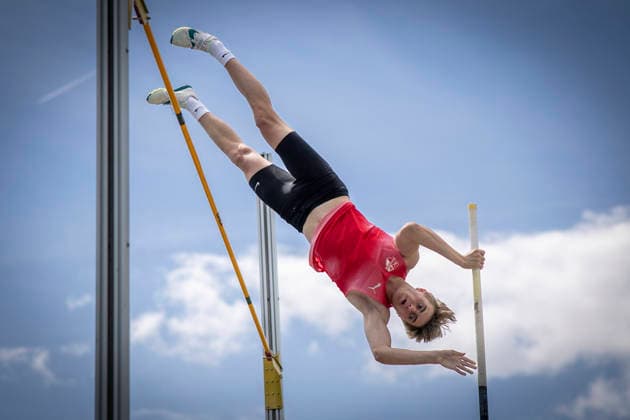 MANNHEIM, GERMANY - JUNE 14, 2026 : Fynn Linus Fahrland (GER SC Potsdam e.V.) competing in the men’s U20 pole vault during the Juniorengala 2026 at Michael-Hoffmann-Stadion on June 14, 2026 in Mannheim, Germany. Baden-Wuerttemberg Germany Copyright: xAxelxKohringx