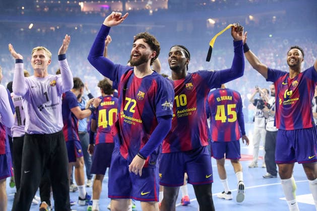 14.06.2026, xgox,Handball, EHF Champions League Finale, FC Barcelona, Barca - Fuechse Berlin v.l. Ludovic Fabregas (Barcelona, 72), Dika Mem (Barcelona, 10) Jubel ueber den Sieg, Jubel nach Spielende Koeln