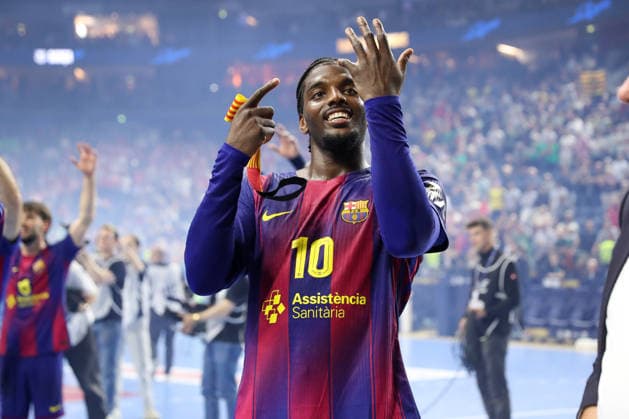 14.06.2026, xgox,Handball, EHF Champions League Finale, FC Barcelona, Barca - Fuechse Berlin v.l. Dika Mem (Barcelona, 10) Jubel ueber den Sieg, Jubel nach Spielende Koeln