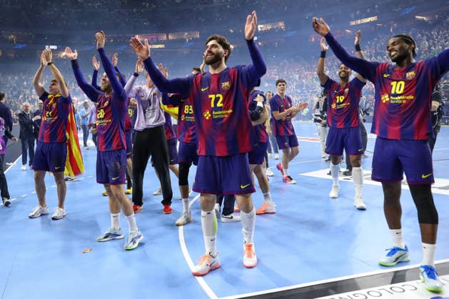 14.06.2026, xgox,Handball, EHF Champions League Finale, FC Barcelona, Barca - Fuechse Berlin v.l. Barcelona Jubel ueber den Sieg, Jubel nach Spielende, gewinnt die Champions League Koeln