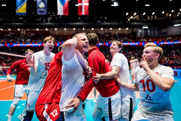 European Men s Volleyball League match Czechia vs Denmark in Jihlava, Czech Republic, June 14, 2026. From left front Oskar Kjerstein Madsen, Tobias Hougs Kjae of Denmark. (CTKxPhoto JaroslavxSvoboda) CTKPhotoP2026061405244  CTKPhotoP2026061405244