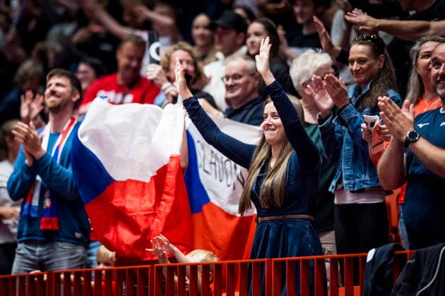 Fans of Czech Republic in action during the European Men s Volleyball League match Czechia vs Denmark in Jihlava, Czech Republic, June 14, 2026. From left (CTKxPhoto JaroslavxSvoboda) CTKPhotoP2026061405250  CTKPhotoP2026061405250