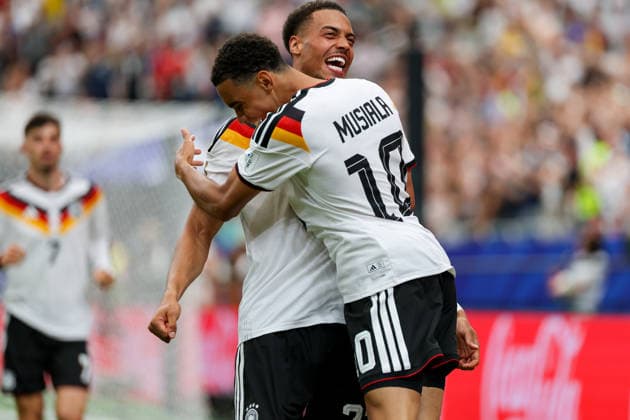 Jamal Musiala (Germany) celebrates after scoring his team s fourth goal with Felix Nmecha (Germany) during the FIFA World Cup, WM, Weltmeisterschaft, Fussball 2026 Group E match between Germany and Curacao at Houston Stadium on June 14, 2026 in Houston, United States. (Photo by Torbjorn Tande DeFodi Images) -