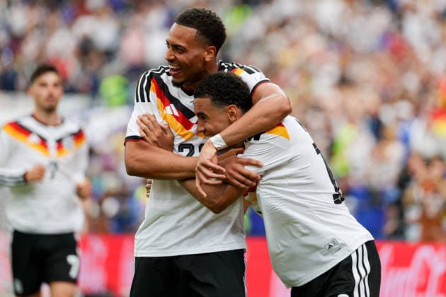 Jamal Musiala (Germany) celebrates after scoring his team s fourth goal with Felix Nmecha (Germany) during the FIFA World Cup, WM, Weltmeisterschaft, Fussball 2026 Group E match between Germany and Curacao at Houston Stadium on June 14, 2026 in Houston, United States. (Photo by Torbjorn Tande DeFodi Images) -