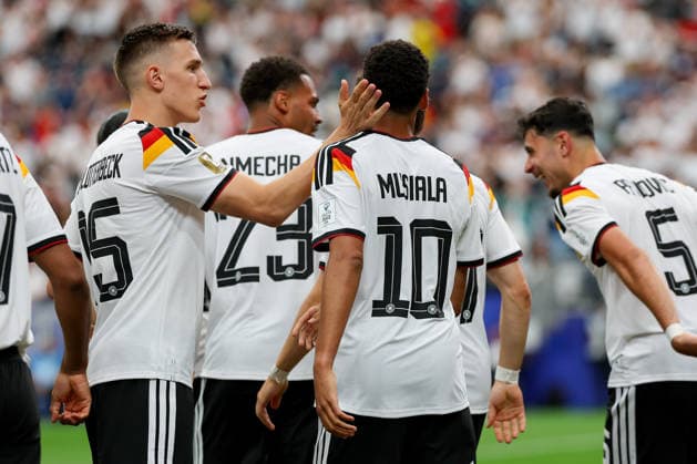 Jamal Musiala (Germany) celebrates after scoring his team s fourth goal with teammates during the FIFA World Cup, WM, Weltmeisterschaft, Fussball 2026 Group E match between Germany and Curacao at Houston Stadium on June 14, 2026 in Houston, United States. (Photo by Torbjorn Tande DeFodi Images) -
