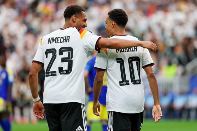 Jamal Musiala (Germany) celebrates after scoring his team s fourth goal with Felix Nmecha (Germany) during the FIFA World Cup, WM, Weltmeisterschaft, Fussball 2026 Group E match between Germany and Curacao at Houston Stadium on June 14, 2026 in Houston, United States. (Photo by Torbjorn Tande DeFodi Images) -