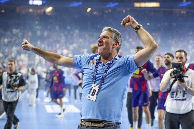 14.06.2026, xgox,Handball, EHF Champions League Finale, FC Barcelona, Barca - Fuechse Berlin v.l. Antonio Carlos Ortega Perez (Barcelona, Trainer) Jubel ueber den Sieg, Jubel nach Spielende Koeln