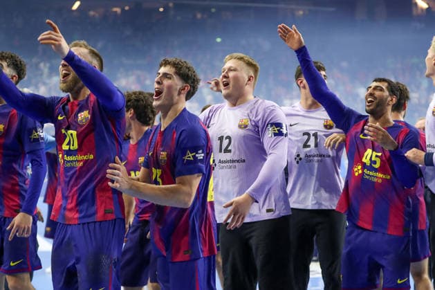 14.06.2026, xgox,Handball, EHF Champions League Finale, FC Barcelona, Barca - Fuechse Berlin v.l. Emil Nielsen (Barcelona, 12) Jubel ueber den Sieg, Jubel nach Spielende Koeln