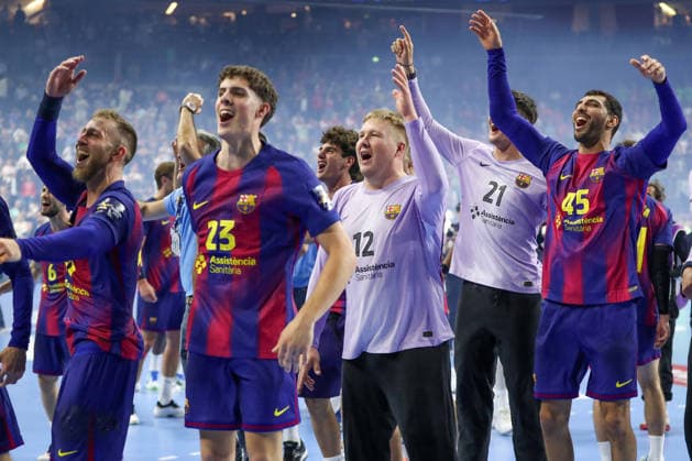 14.06.2026, xgox,Handball, EHF Champions League Finale, FC Barcelona, Barca - Fuechse Berlin v.l. Emil Nielsen (Barcelona, 12) Jubel ueber den Sieg, Jubel nach Spielende Koeln
