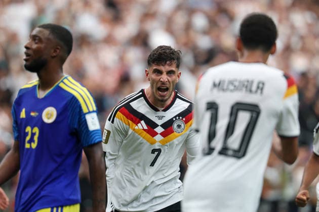 HOUSTON, TX - JUNE 14: Kai Havertz 7 of Germany screams to celebrate his penalty kick goal in front of Jamal Musiala 10 of Germany and Riechedly Bazoer 23 of Curacao during the FIFA World Cup, WM, Weltmeisterschaft, Fussball 2026 Group E match between Germany and Curacao on June 14, 2026, at Houston Stadium in Houston, Texas. (Photo by David Buono Icon Sportswire) SOCCER: JUN 14 FIFA World Cup 26 Group E - Germany vs Curacao EDITORIAL USE ONLY Icon260614034