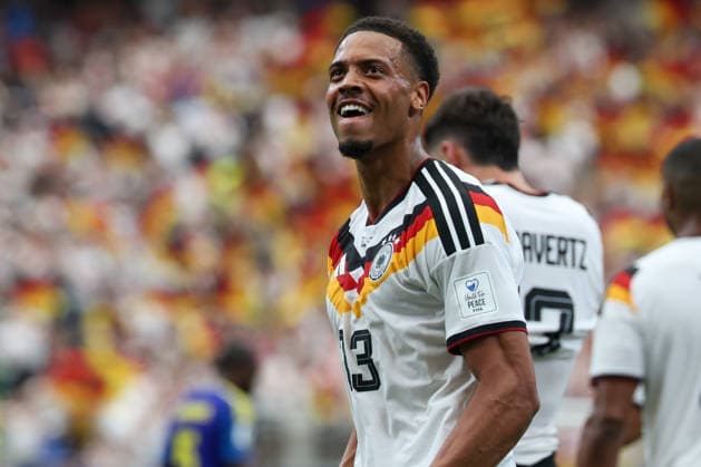 HOUSTON, TX - JUNE 14: Felix Nmecha 23 of Germany smiles at the crowd to celebrate his teammates goal during the FIFA World Cup, WM, Weltmeisterschaft, Fussball 2026 Group E match between Germany and Curacao on June 14, 2026, at Houston Stadium in Houston, Texas. (Photo by David Buono Icon Sportswire) SOCCER: JUN 14 FIFA World Cup 26 Group E - Germany vs Curacao EDITORIAL USE ONLY Icon260614035