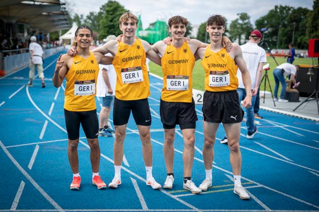 MANNHEIM, GERMANY - JUNE 14, 2026 : 4x100m relay Team: (not in order) STEWART, Tyrese (2008); SCHMIDT, Lennox (2008); MAWUMBA, Alvin (2007); KEMMINER, Jakob (2007) during the Juniorengala 2026 at Michael-Hoffmann-Stadion on June 14, 2026 in Mannheim, Germany. Baden-Wuerttemberg Germany Copyright: xAxelxKohringx