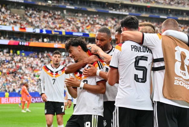 FIFA World Cup, WM, Weltmeisterschaft, Fussball 2026 - Group E - Germany vs Curacao Nathaniel Brown of Germany (CL) celebrates scoring the 5-1 with teammates during the FIFA World Cup 2026 group stage match Germany against Curacao, in Houston, USA, 14 June 2026. HOUSTON United States  Copyright: xSAMxWASSONx