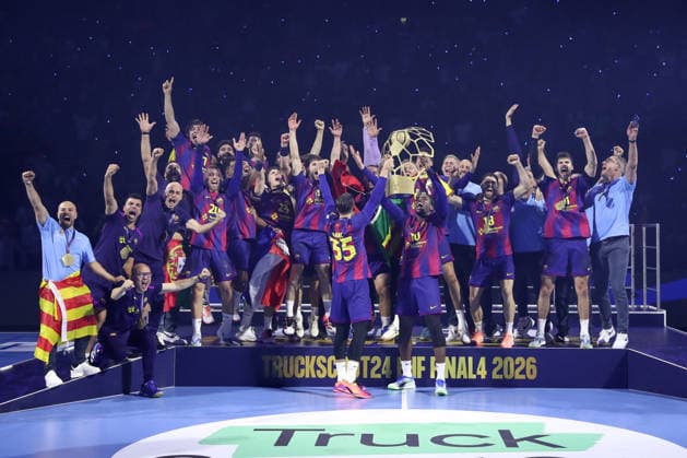 14.06.2026, xtgx, Handball, EHF Champions League Finale, FC Barcelona, Barca - Füchse Berlin v.l. Siegerehrung Pokal Trophäe Barcelona Jubel ueber den Sieg, Jubel nach Spielende Koeln
