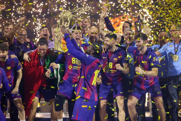 14.06.2026, xtgx, Handball, EHF Champions League Finale, FC Barcelona, Barca - Füchse Berlin v.l. Siegerehrung Pokal Trophäe Barcelona Jubel ueber den Sieg, Jubel nach Spielende Koeln