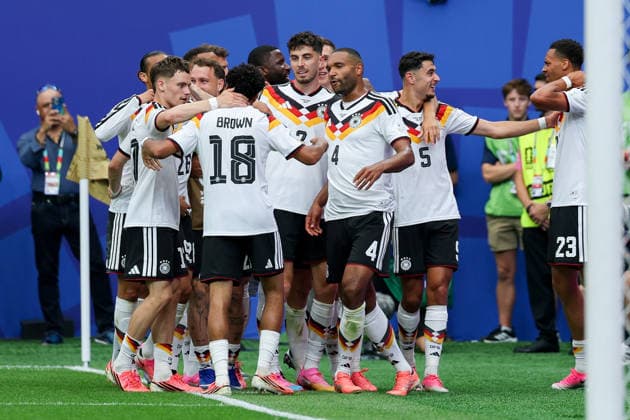 Nathaniel Brown (Germany) celebrates after scoring his team s fifth goal with teammates during the FIFA World Cup, WM, Weltmeisterschaft, Fussball 2026 Group E match between Germany and Curacao at Houston Stadium on June 14, 2026 in Houston, United States. (Photo by Torbjorn Tande DeFodi Images) -
