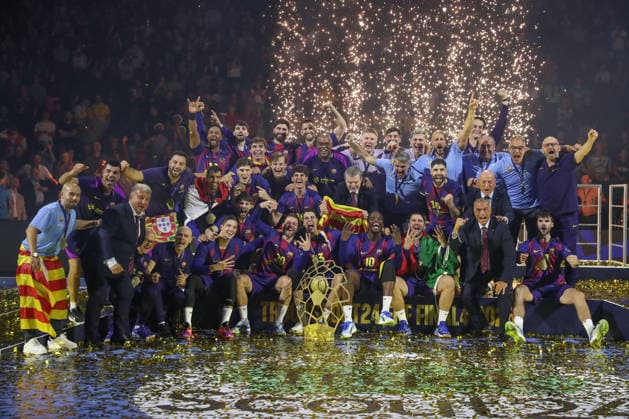 14.06.2026, xtgx, Handball, EHF Champions League Finale, FC Barcelona, Barca - Füchse Berlin v.l. Siegerehrung Pokal Trophäe Barcelona Jubel ueber den Sieg, Jubel nach Spielende Koeln