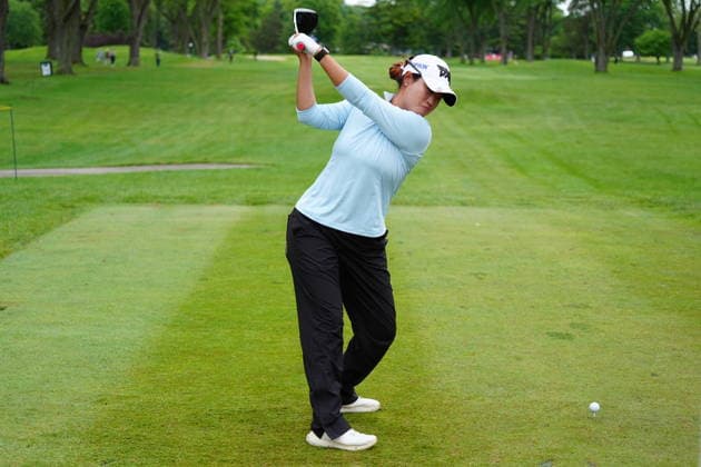 MIDLAND, MI - JUNE 14: LPGA, Golf Damen golfer Gina Kim plays her tee shot on the 10th hole on June 14, 2026, during the final round of the LPGA Dow Championship at Midland Country Club in Midland, Michigan. (Photo by Brian Spurlock Icon Sportswire) GOLF: JUN 14 LPGA Dow Championship EDITORIAL USE ONLY Icon26061441