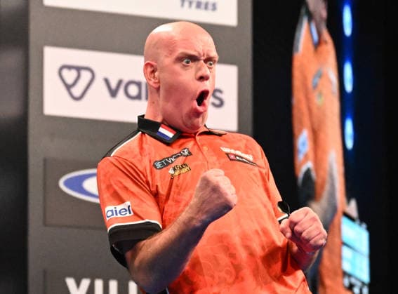 14.06.2026, xhbx, Dart World Cup of Darts 2026, v.l. Michael van Gerwen (Niederlande) jubeln jubelt (DFL DFB REGULATIONS PROHIBIT ANY USE OF PHOTOGRAPHS as IMAGE SEQUENCES and or QUASI-VIDEO) Frankfurt