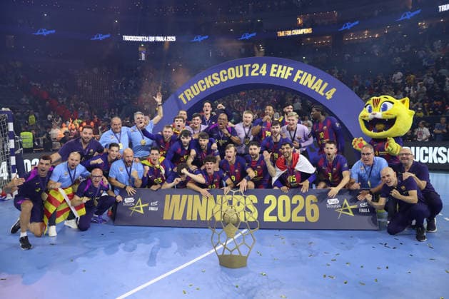 14.06.2026, xtgx, Handball, EHF Champions League Finale, FC Barcelona, Barca - Füchse Berlin v.l. Siegerehrung Pokal Trophäe Barcelona Jubel ueber den Sieg, Jubel nach Spielende Koeln