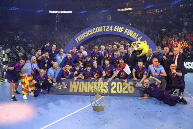 14.06.2026, xtgx, Handball, EHF Champions League Finale, FC Barcelona, Barca - Füchse Berlin v.l. Siegerehrung Pokal Trophäe Barcelona Jubel ueber den Sieg, Jubel nach Spielende Koeln
